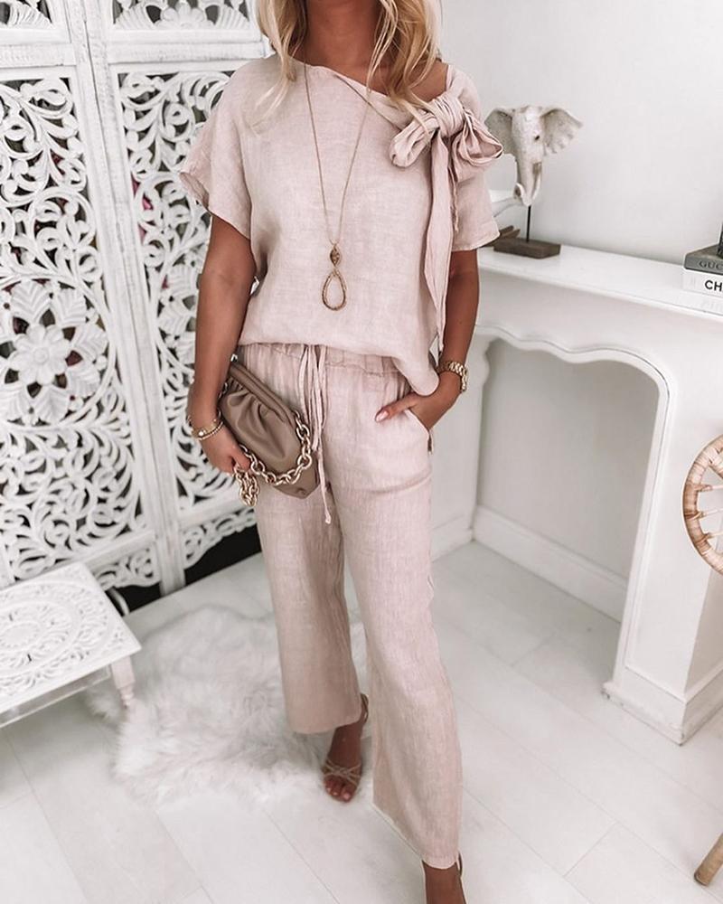 

Tied Detail Top & Pocket Design Pants Set, Pink