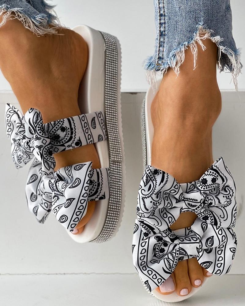 

Paisley Print Bowknot Decor Platform Slippers, White