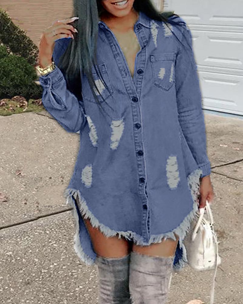 

Dip Hem Ripped Fringe Button Front Denim Top, Blue