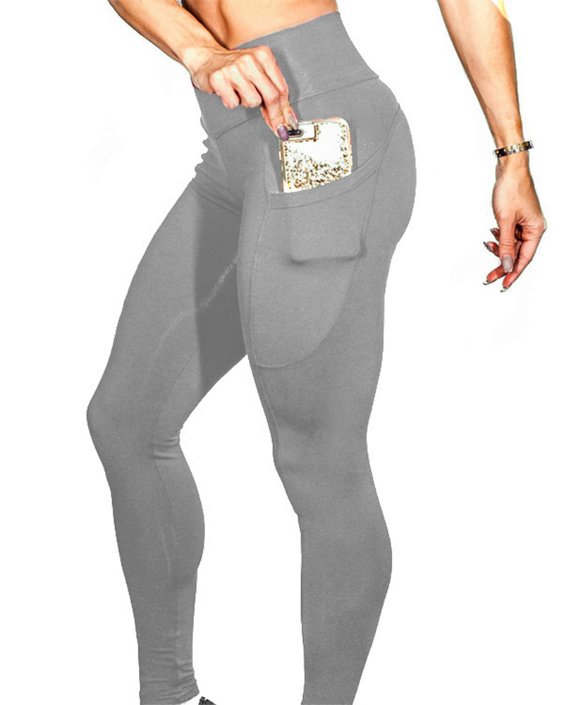 

High Waist Pocket Design Butt Lifting Yoga Pants, Gray