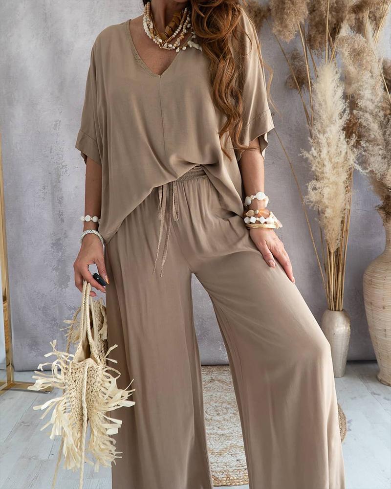 

V-Neck Batwing Sleeve Top & Casual Pants Set, Brown