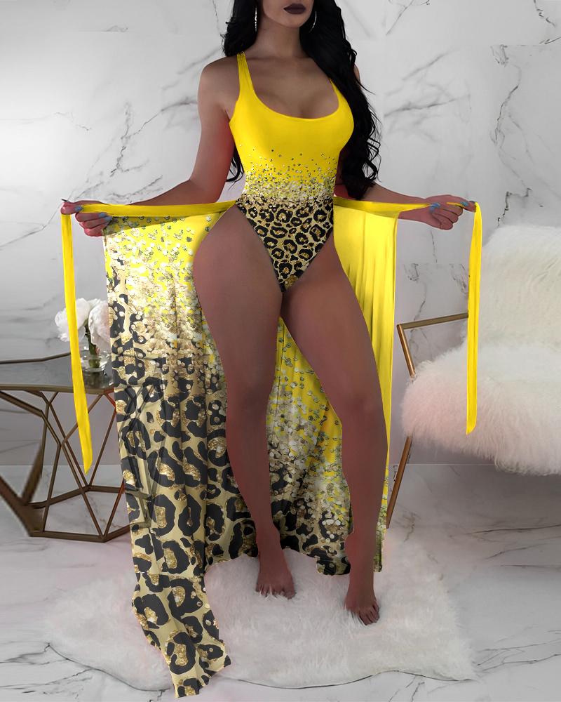 

Contrast Leopard One Piece Swimsuit With Cover Up, Yellow
