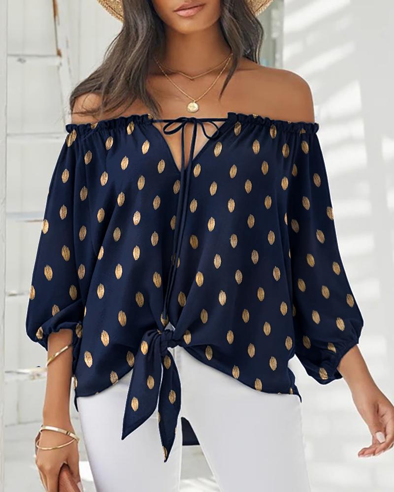 

Metallic Polka Dot Tied Detail Off Shoulder Top, Purplish blue