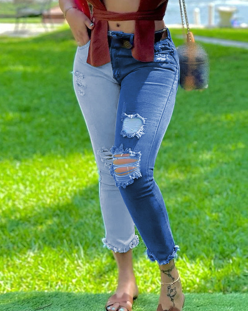 

Colorblock Ripped Fringe Hem High Waist Jeans, Blue