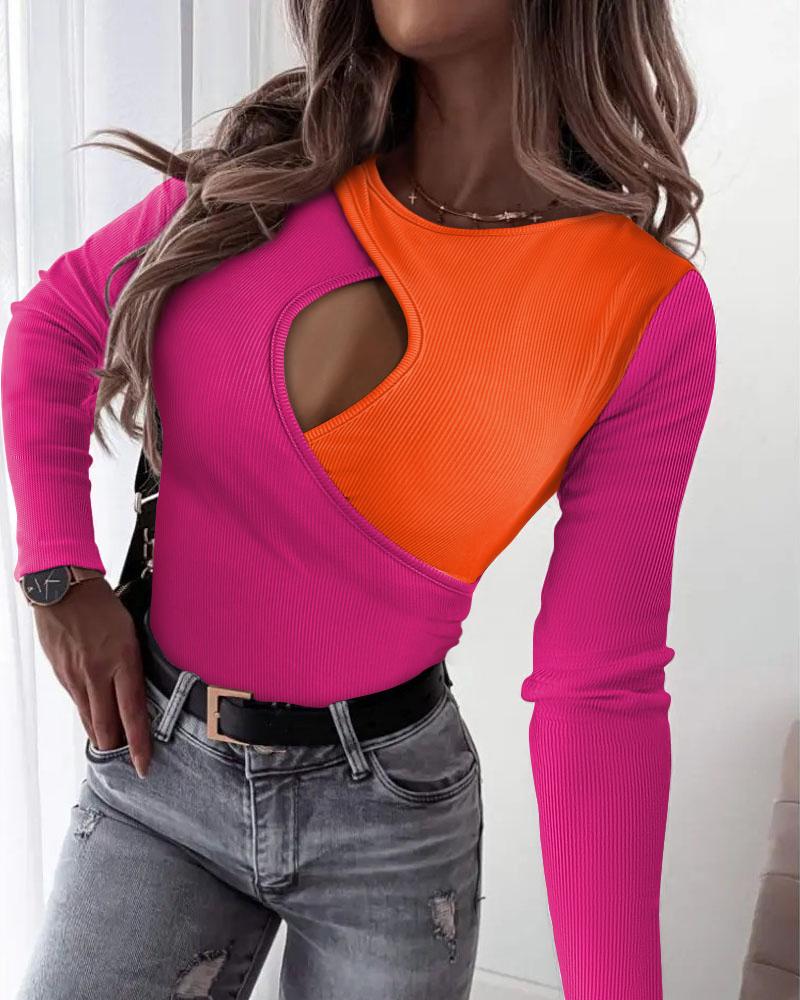 

Colorblock Cutout Long Sleeve Ribbed Top, Hot pink