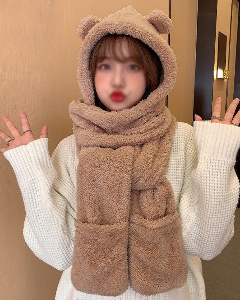 

1pc Fluffy Hat Long Scarf With Glove Pocket 3-in-1 Warm Hooded Scarf, Brown