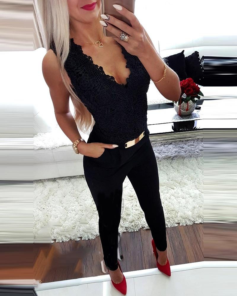 

Backless Guipure Lace Sleeveless Skinny Jumpsuit, Black