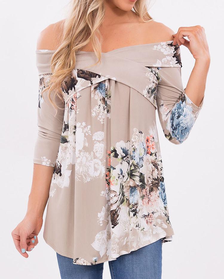 

Stylish Floral Off Shoulder Casual Women Blouse, Gray