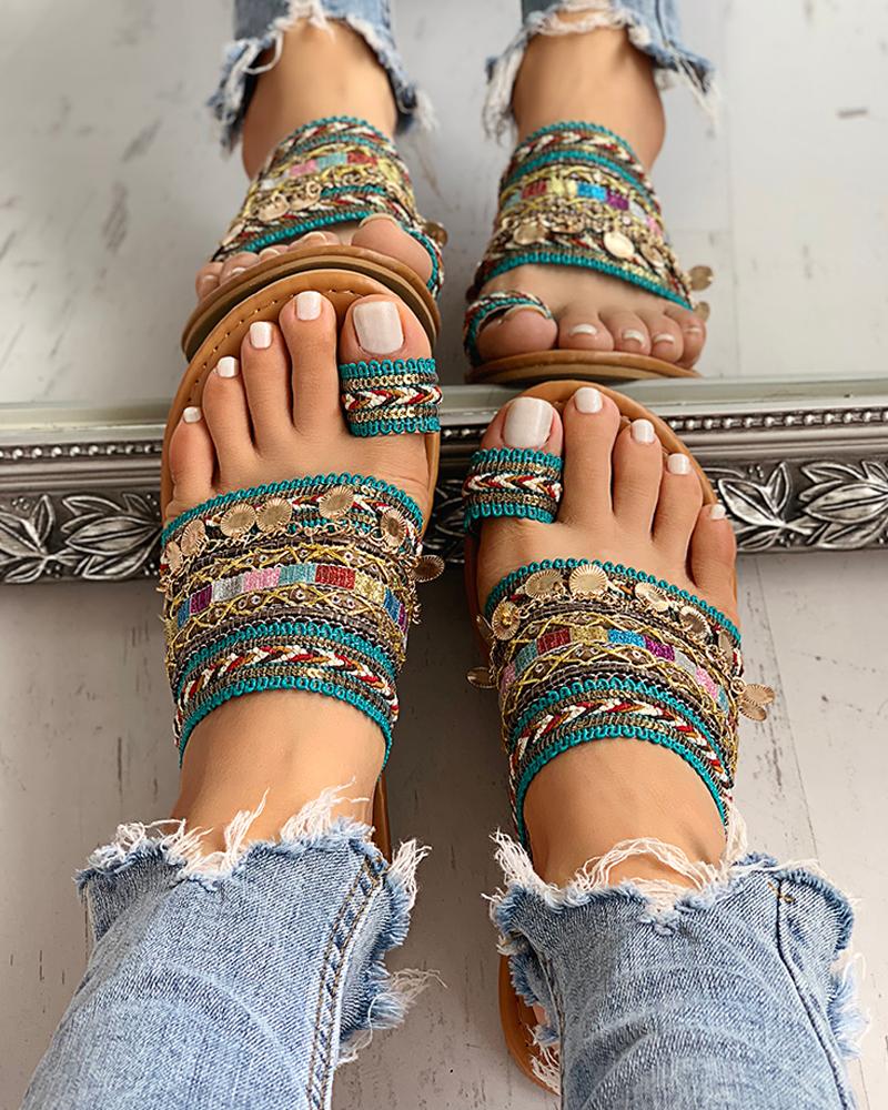 

Ethnic Boho Style Toe Ring Slippers, Blue