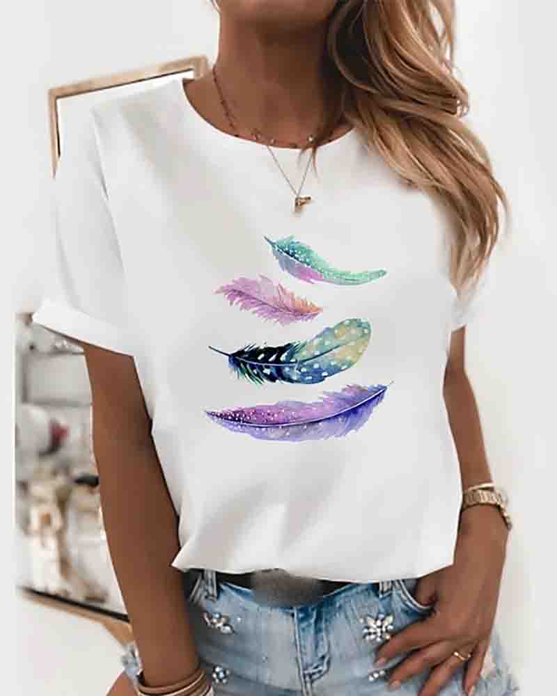 

Butterfly Heart Pattern Print Round Neck Tops Cotton Basic T-shirt, Style2