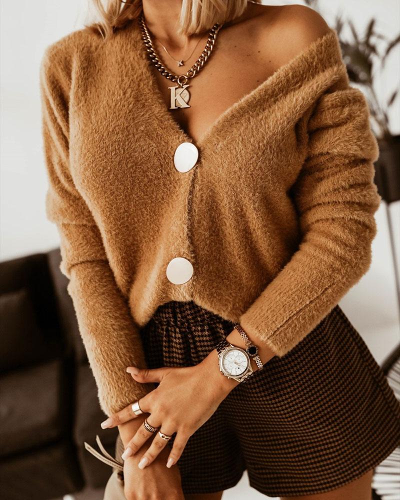 

Long Sleeve Button Front Fuzzy Cardigan, Brown
