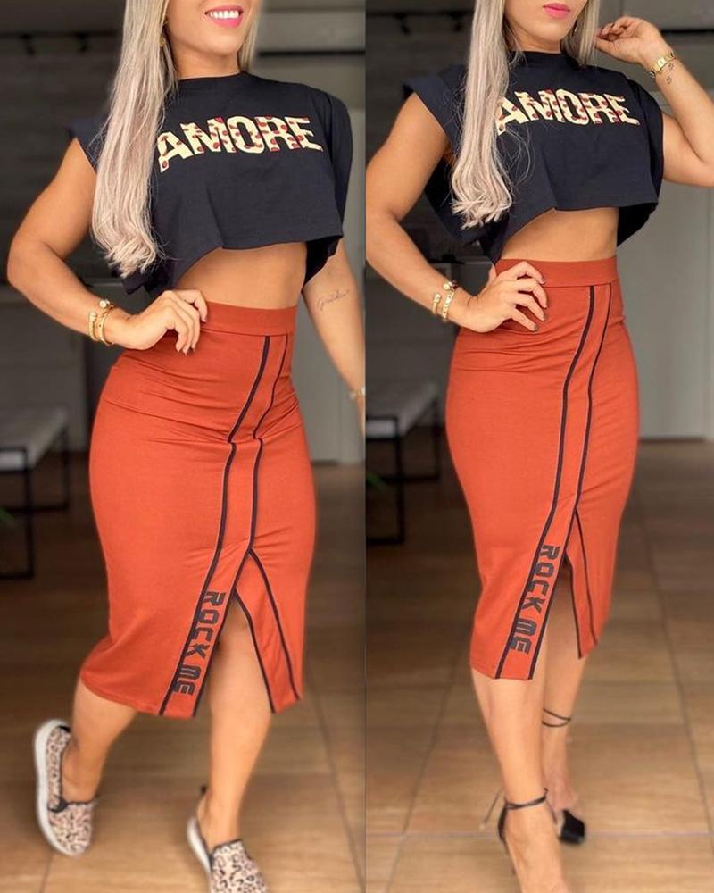 

Letter Print Sleeveless Cropped Tanks With Slit Midi Skirts Suit Sets, Style1