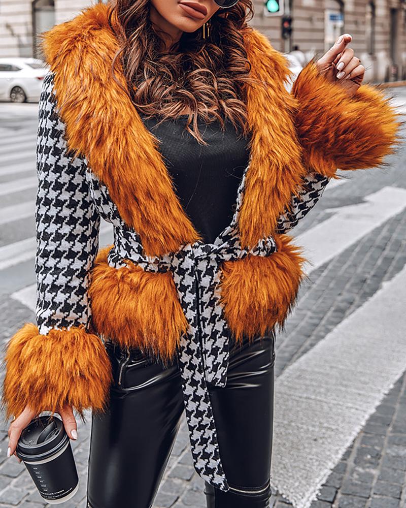 

Houndstooth Print Long Sleeve Crop Faux Fur Coat, Orange