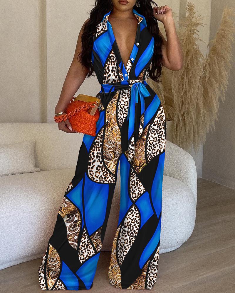 

Baroque Leopard Print Wide Leg Jumpsuit, Blue