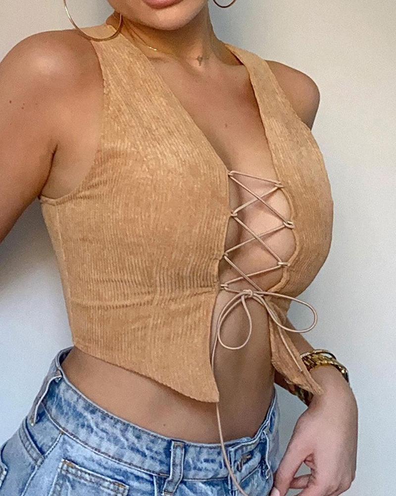 

Lace-up Solid Color Hollow-out Sleeveless Tank Top, Khaki