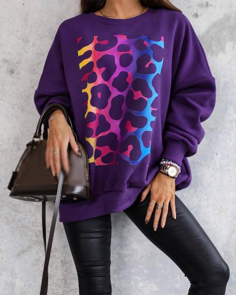 

Leopard Print Long Sleeve Casual Sweatshirt, Purple