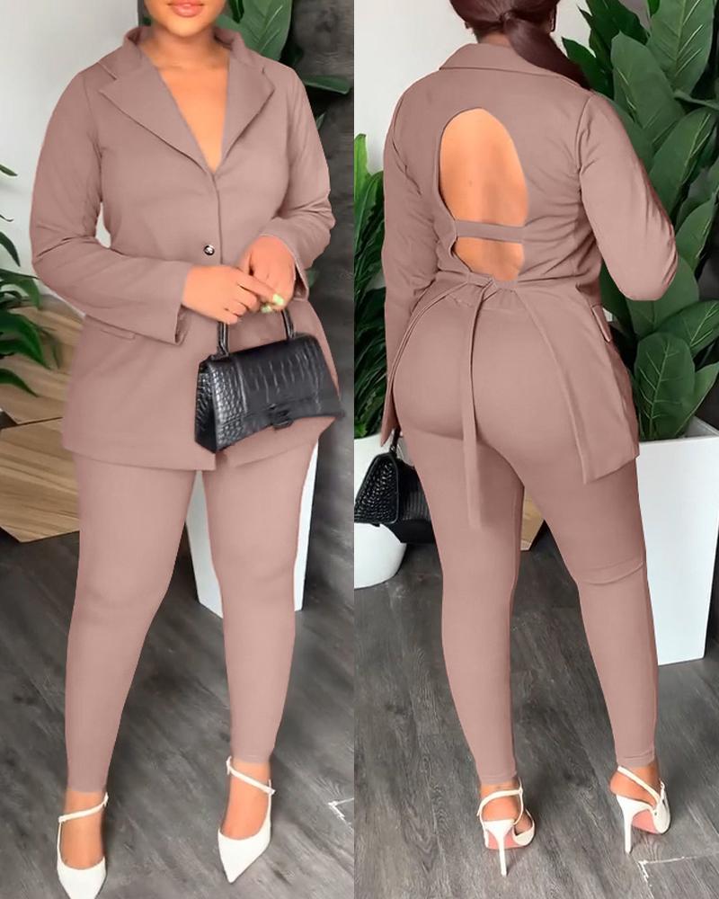 

Long Sleeve Tied Detail Open Back Blazer & Pants Set, Light brown