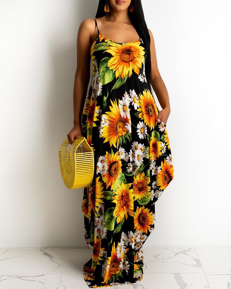 

Spaghetti Strap Sunflower Print Maxi Dress, Yellow