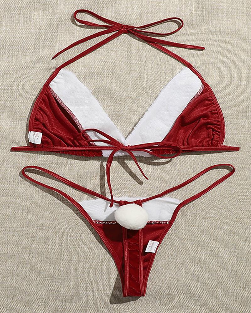 

Christmas Colorblock Halter Tail Design Lingerie Set, Red