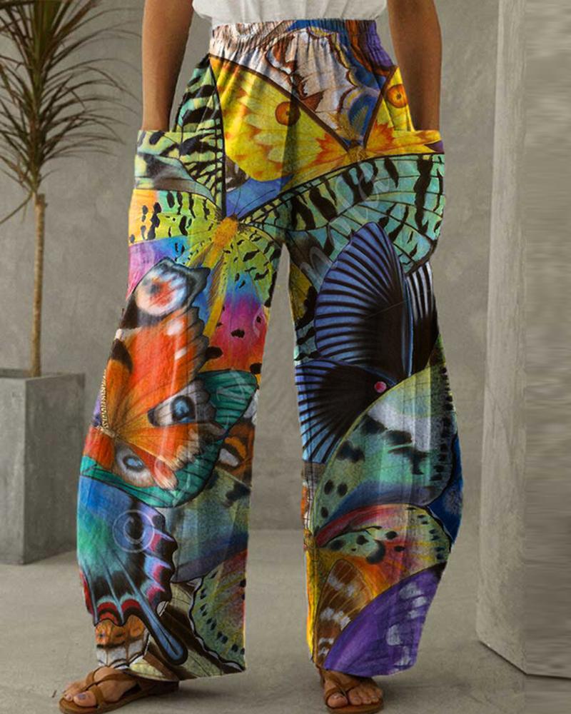 

Plus Size Butterfly Print Pocket Design Pants, Multicolor