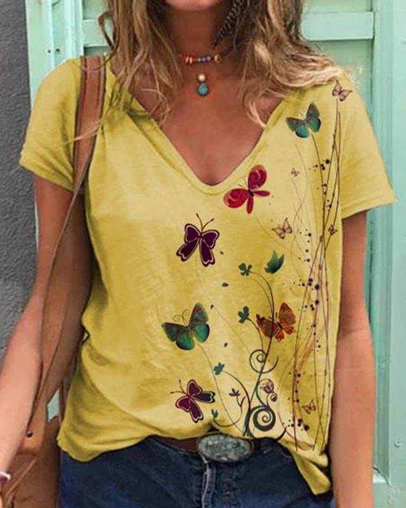 

V-Neck Butterfly Print Short Sleeve Casual T-shirt, Yellow