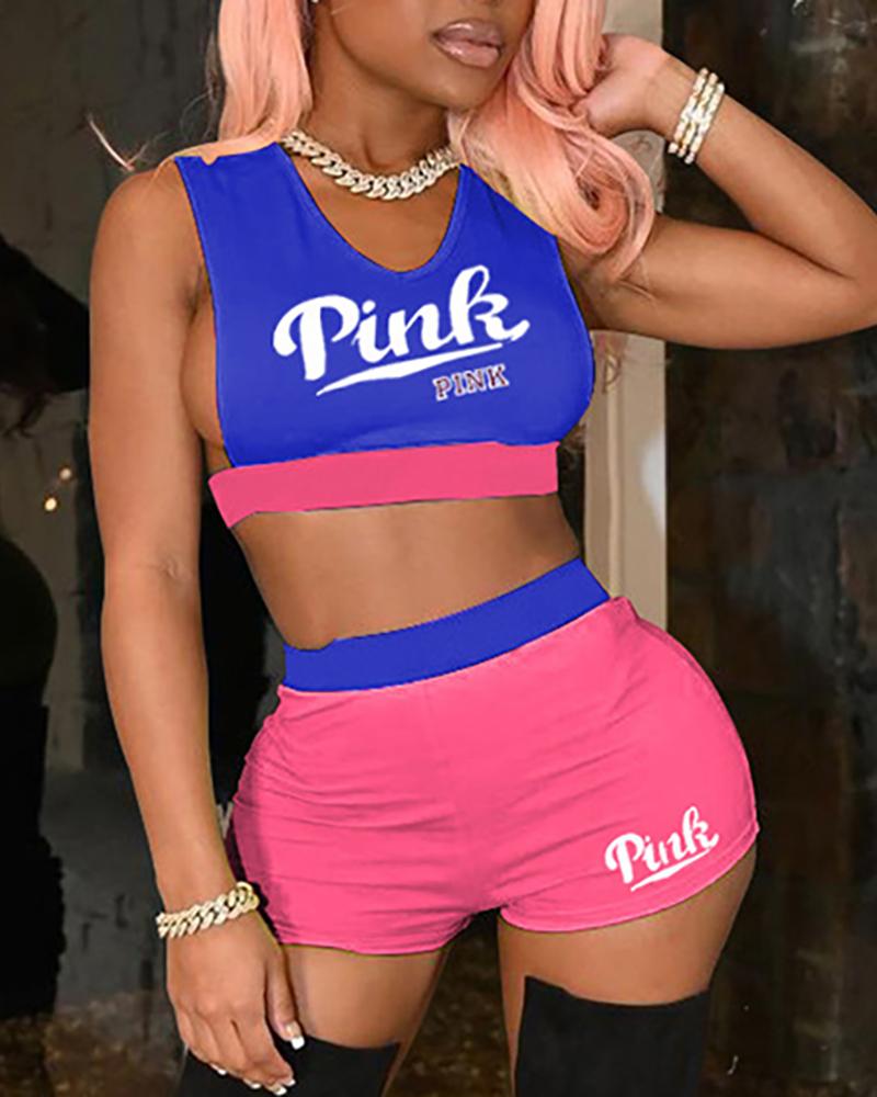 

Letter Print Colorblock Crop Top & High Waisted Shorts Set, Blue