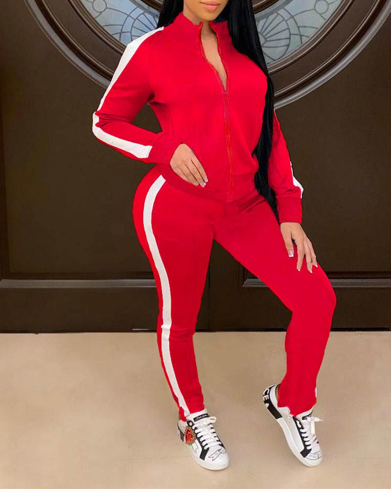 

Colorblock Long Sleeve Zipper Front Sports Set, Red