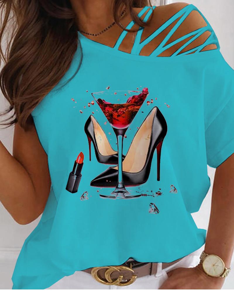 

Heels Graphic Print Cold Shoulder Lace-up T-shirt, Blue