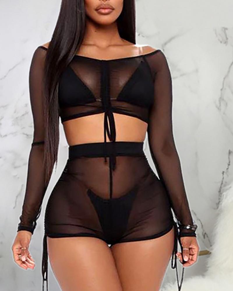 

Drawstring Ruched Sheer Mesh Crop Top & Shorts Set, Black