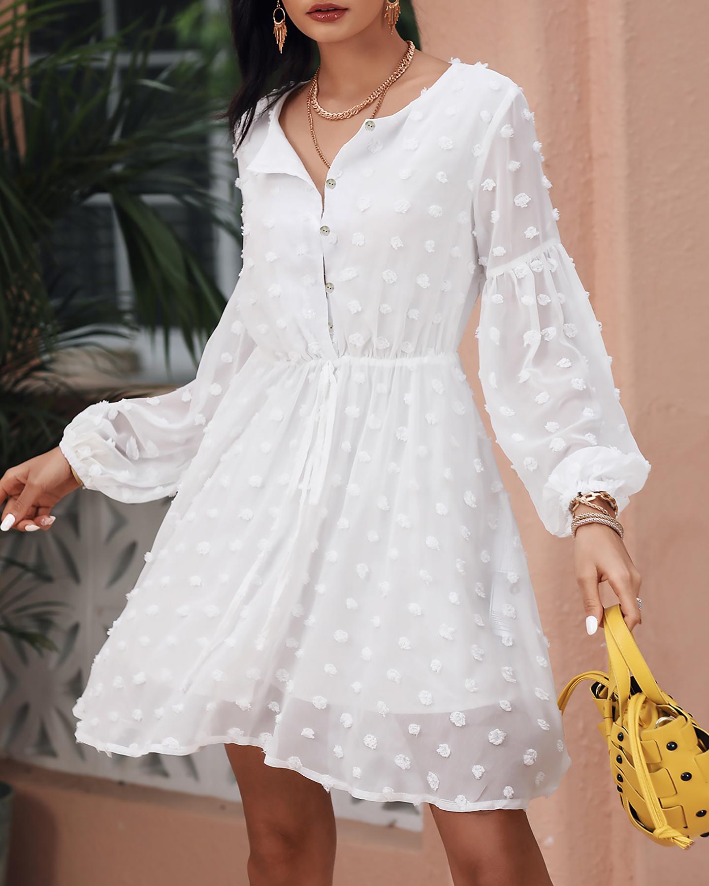 

Swiss Dot Print Lantern Sleeve Casual Shirt Dress, White