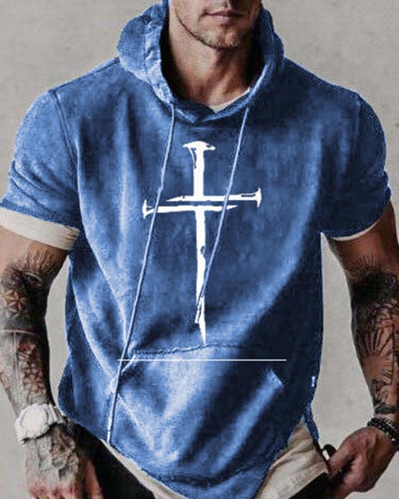 

Cross Print Short Sleeve Hooded Sweatshirt T-shirt, Gray