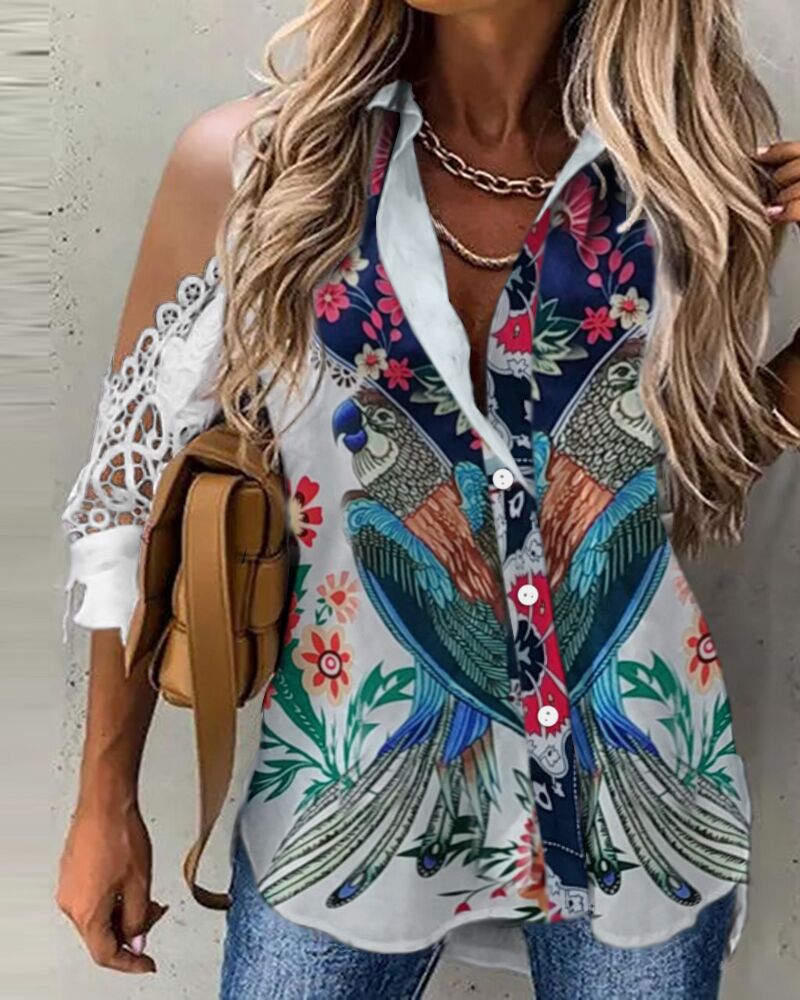 

Cold Shoulder Floral Print Buttoned Lace Trim Top, White