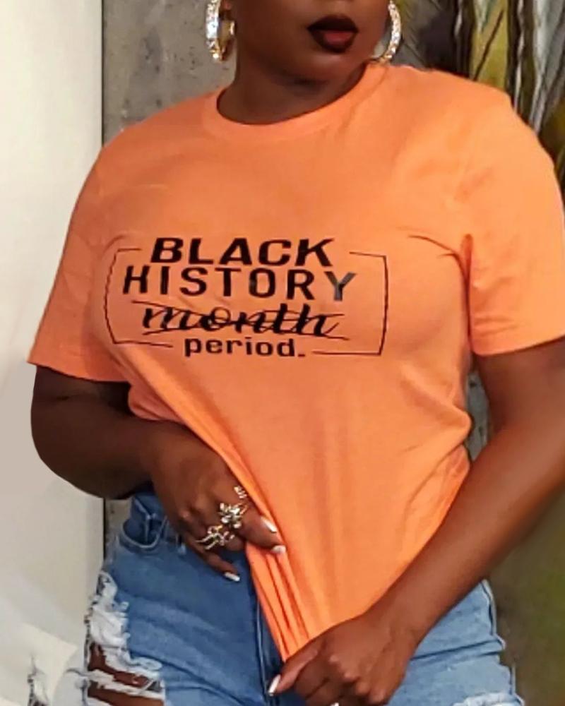 

Letter Print O-Neck Casual T-shirt, Orange