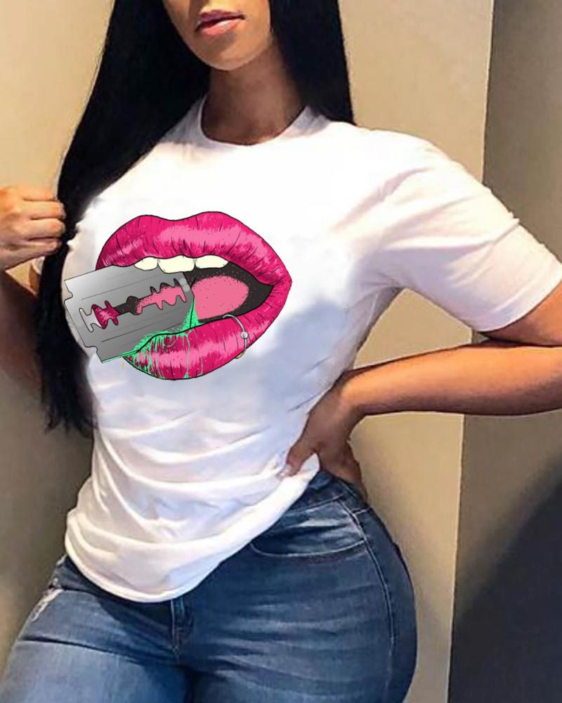 

Lips Print Short Sleeve Loose T-shirts, Style6