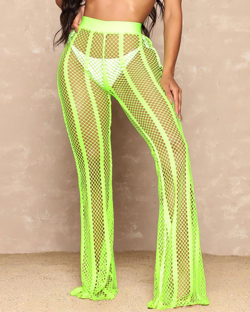

High Waist Fishnet Design Bootcut Cover Up Pants, Green