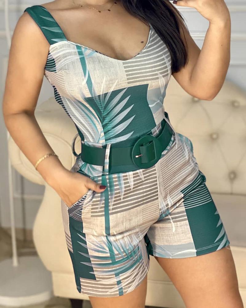 

V-Neck Thick Strap Leaf Print Skinny Romper, Green