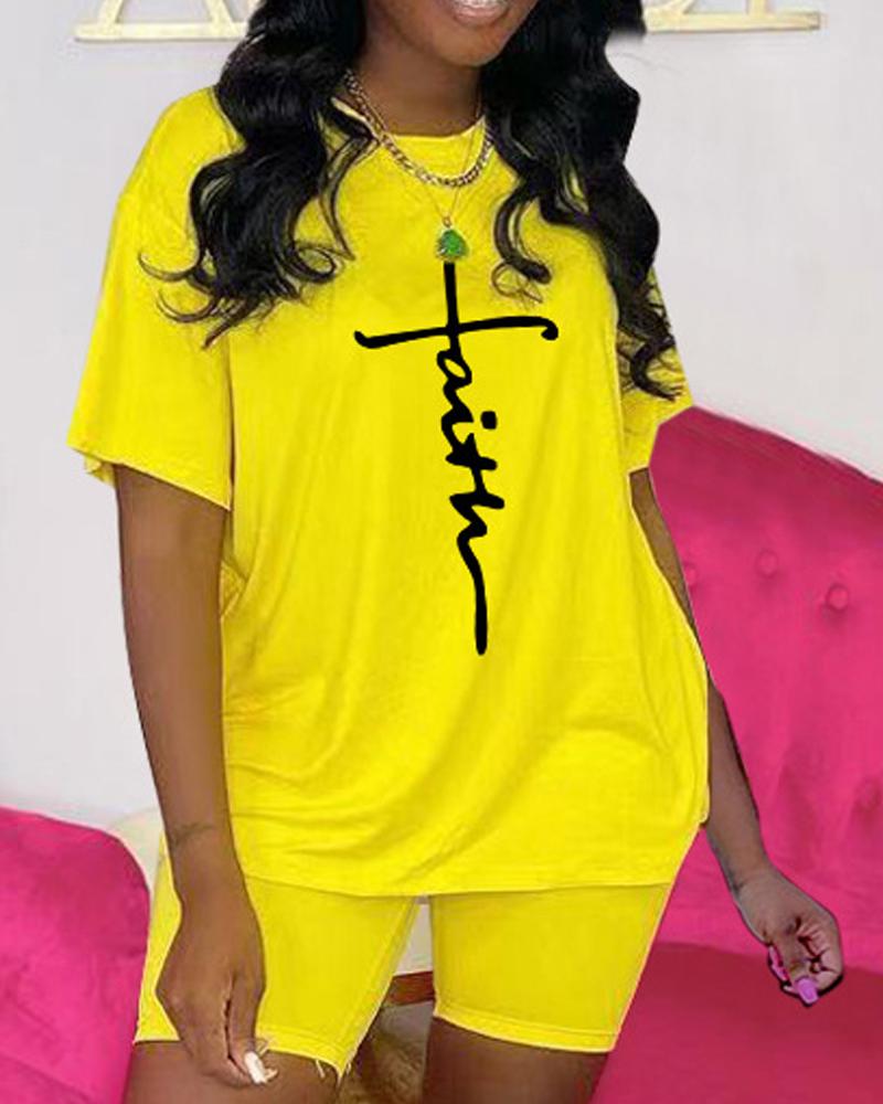

Letter Print Casual Top & Shorts Set, Yellow