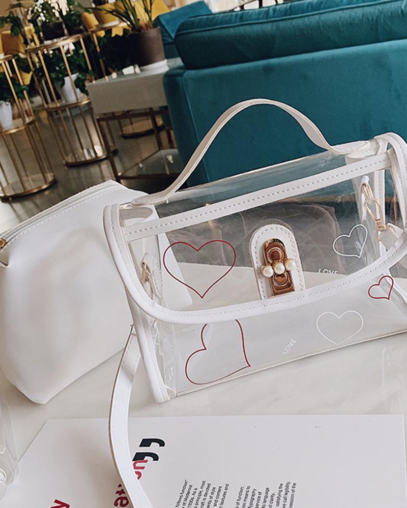 

Heart Print Clear Crossbody Handbag With Inner Pouch, White