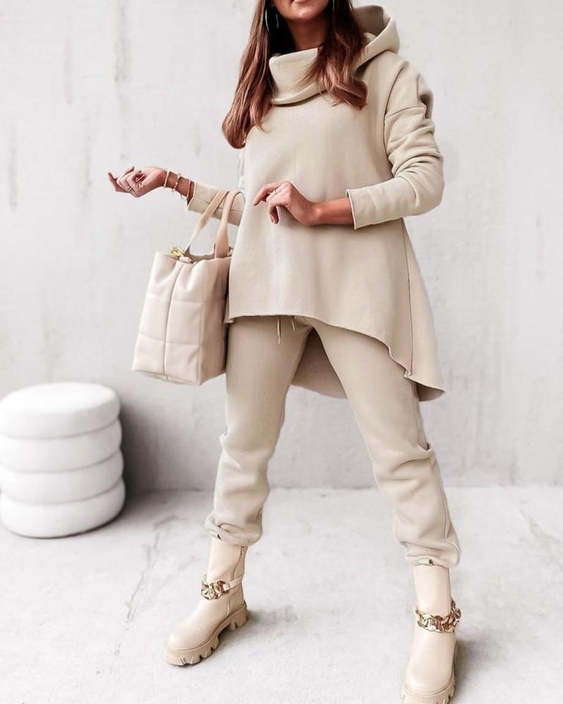 

Long Sleeve Dip Hem Hoodie & Drawstring Pants Set, Apricot