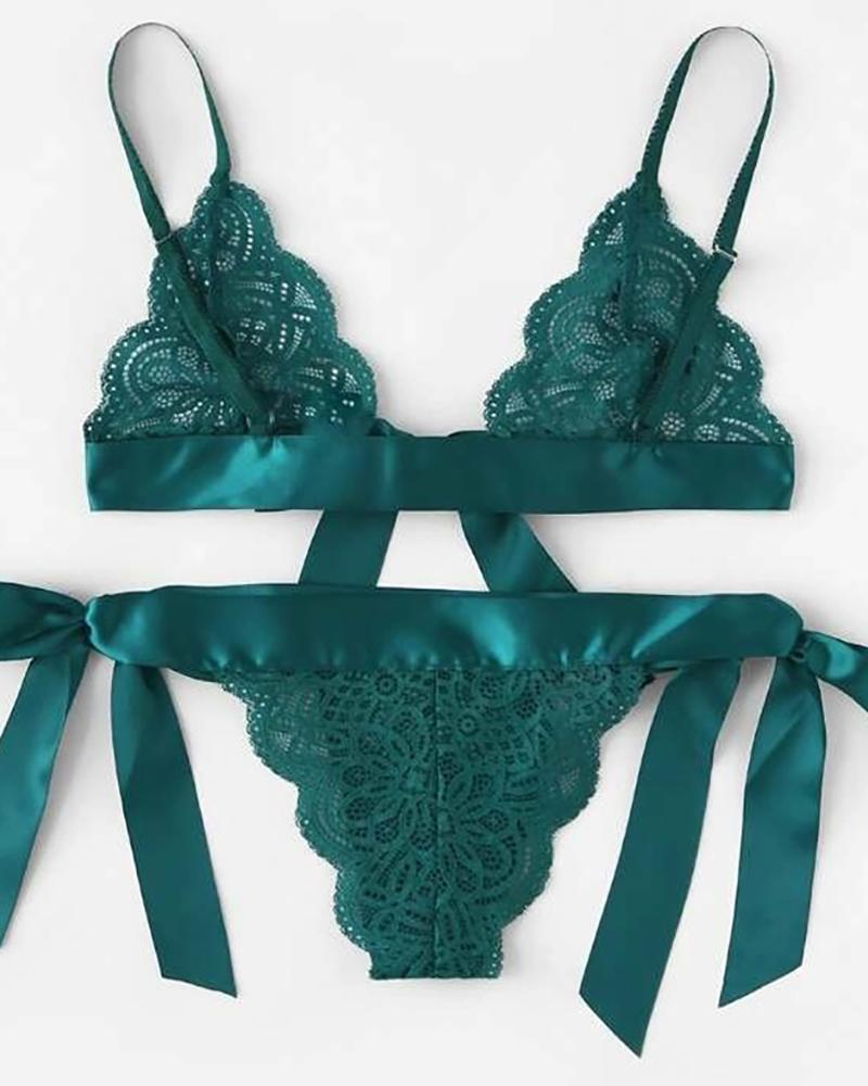 

Bowknot Design Crochet Lace Bra Set, Green