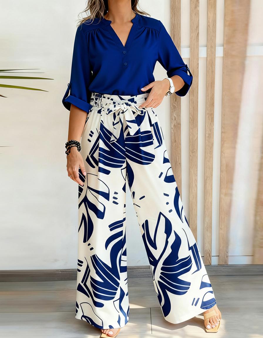 

Ensemble 2 pièces : chemisier à col montant et manches longues, pantalon large à imprimé floral décontracté avec poches., Dark blue