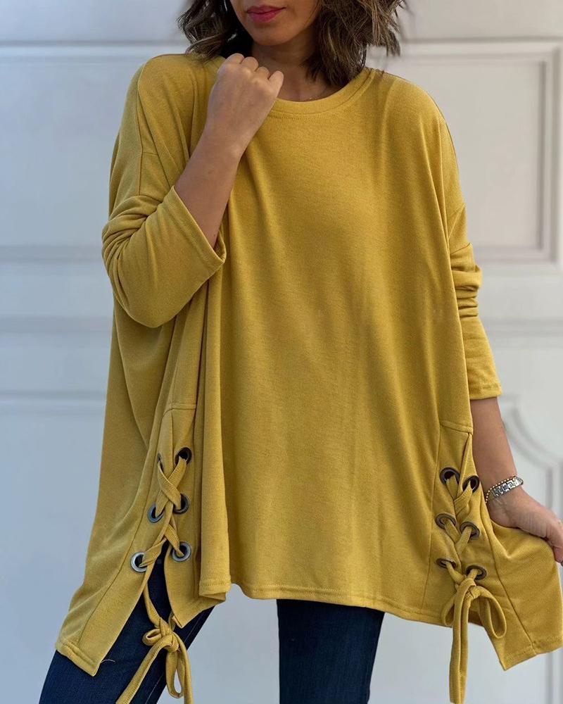 

Eyelet Lace-up Long Sleeve Top, Yellow