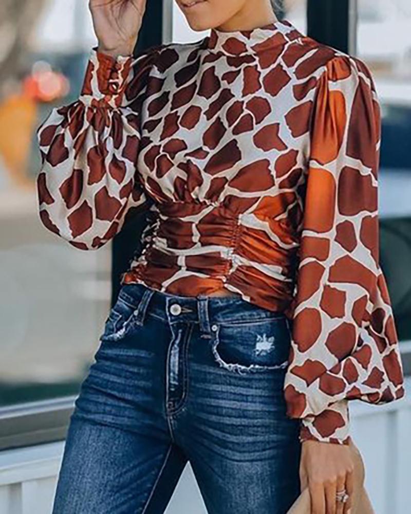 

Cheetah Pattern Print Backless Lantern Sleeve Top, Brown