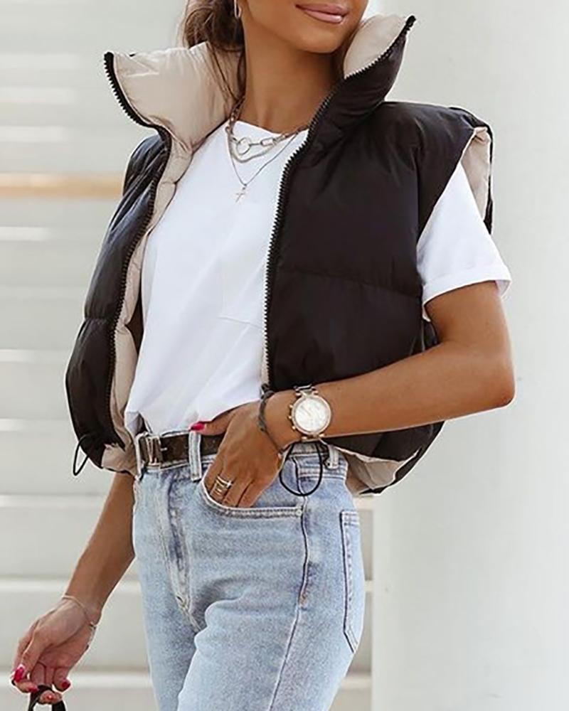 

High Neck Drawstring Zipper Decor Puffer Vest Coat, Black