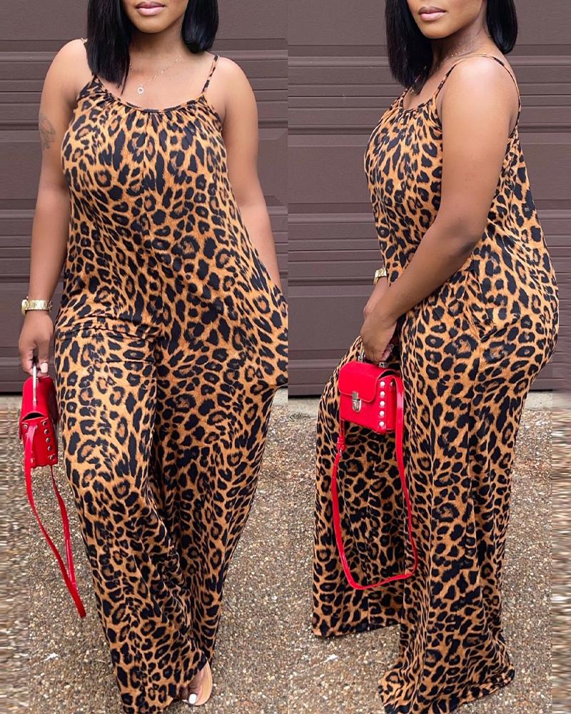 

Plus Size Leopard Print Spaghetti Strap Jumpsuit