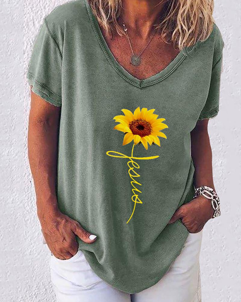 

Sunflower Print Letter Pattern Casual T-shirt, Army green