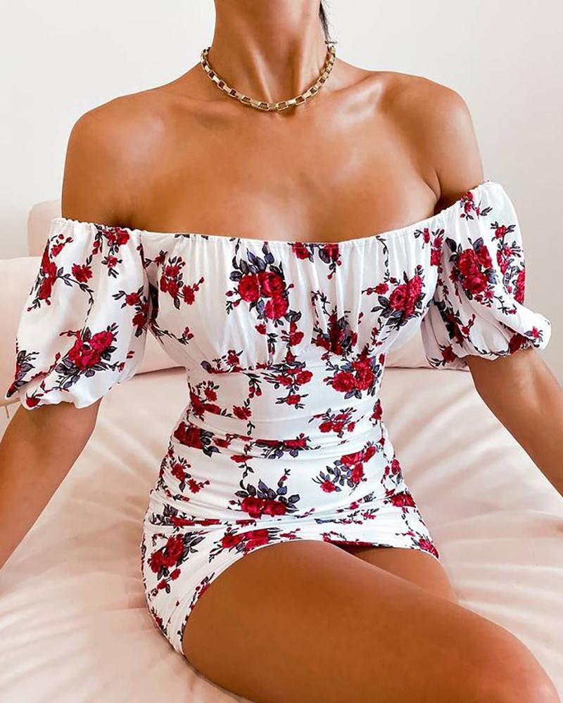 

Off Shoulder Floral Print Ruched Bodycon Dress, White