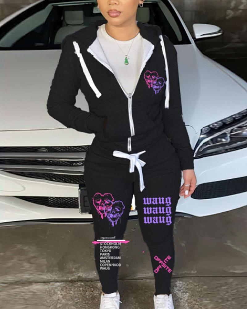 

Letter Heart Print Long Sleeve Zip Up Top & Pants Set, Black
