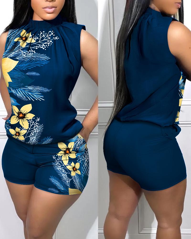 

Tropical Print Sleeveless Top & Pocket Design Shorts Set, Blue