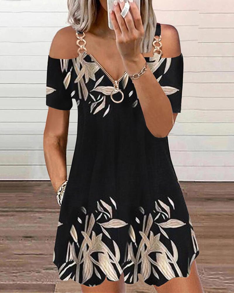 

Cold Shoulder Plants Print Pocket Design Casual Dress, Black